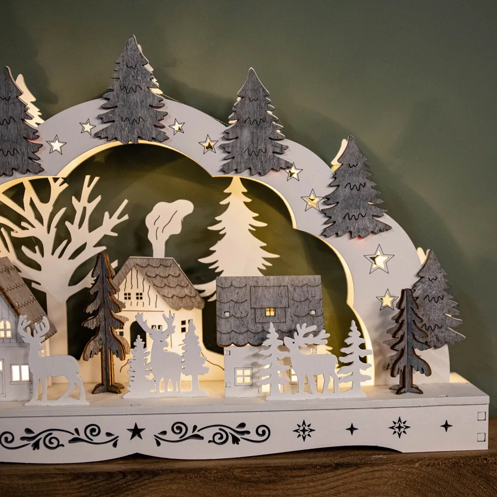 White Wooden Christmas Candle Bridge with Reindeer - White