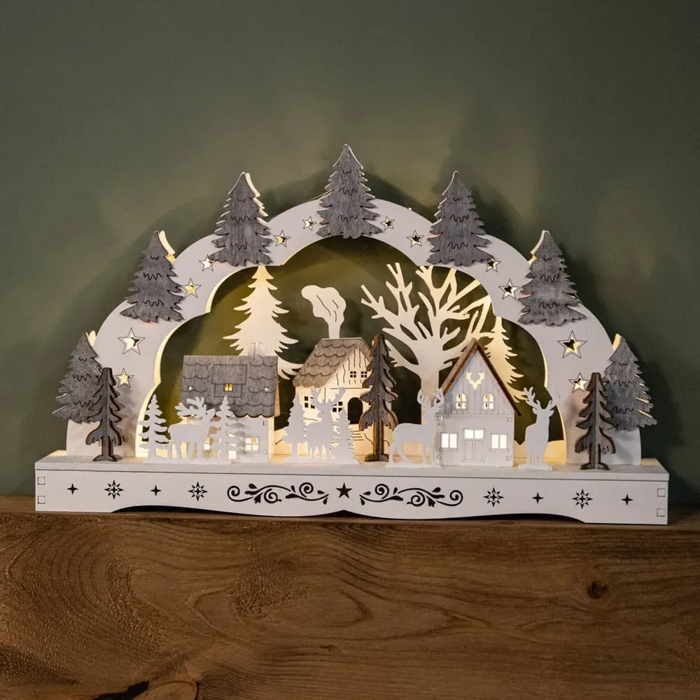 White Wooden Christmas Candle Bridge with Reindeer - White