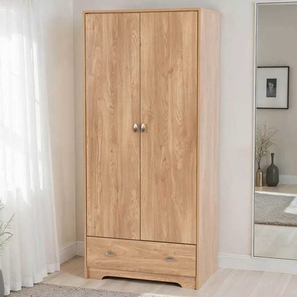 Carlton 2 Door Single Drawer Wardrobe - Medium Oak