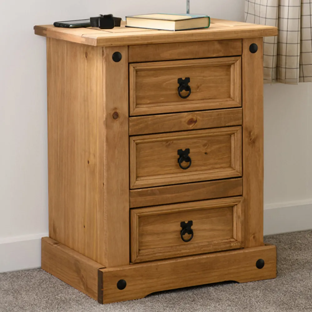 Corona 3 Drawer Bedside Table - Brown, Pine