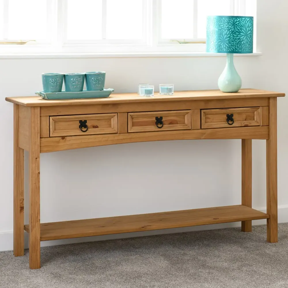 Corona 3 Drawer Console Table with Shelf - Brown, Pine