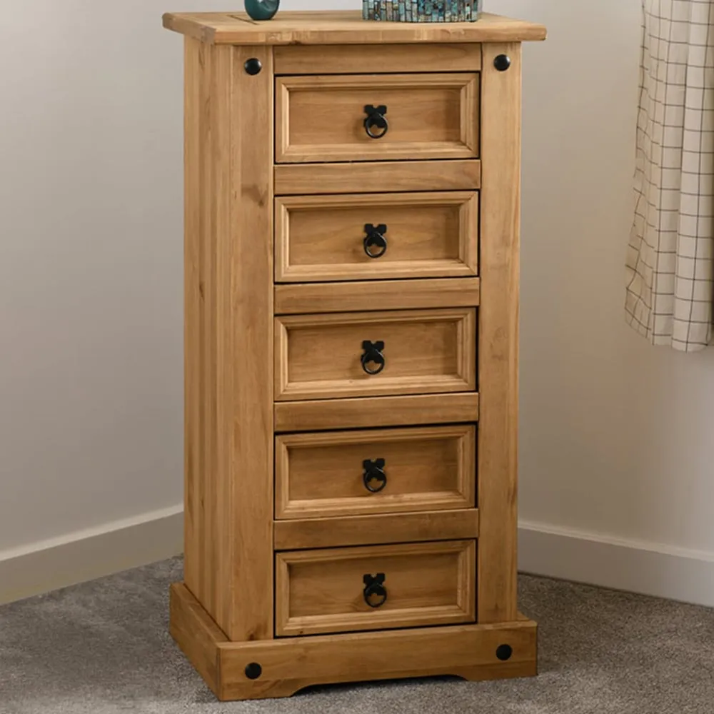 Corona 5 Drawer Narrow Chest of Drawers - Brown, Pine