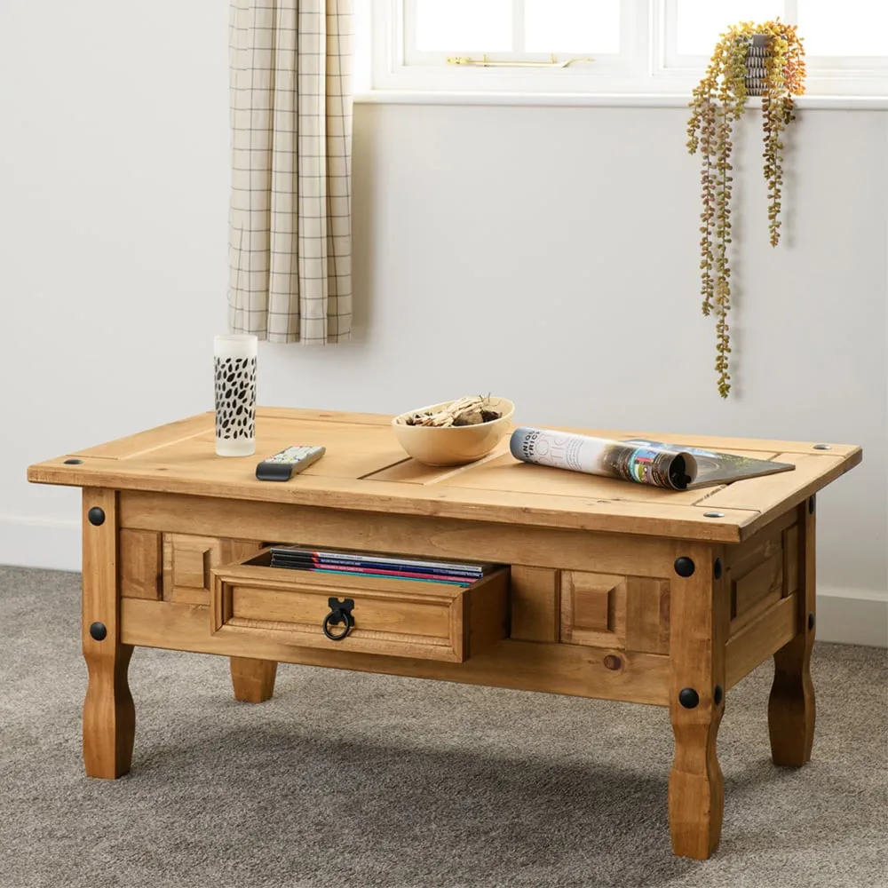 Corona Single Drawer Coffee Table - Brown, Pine
