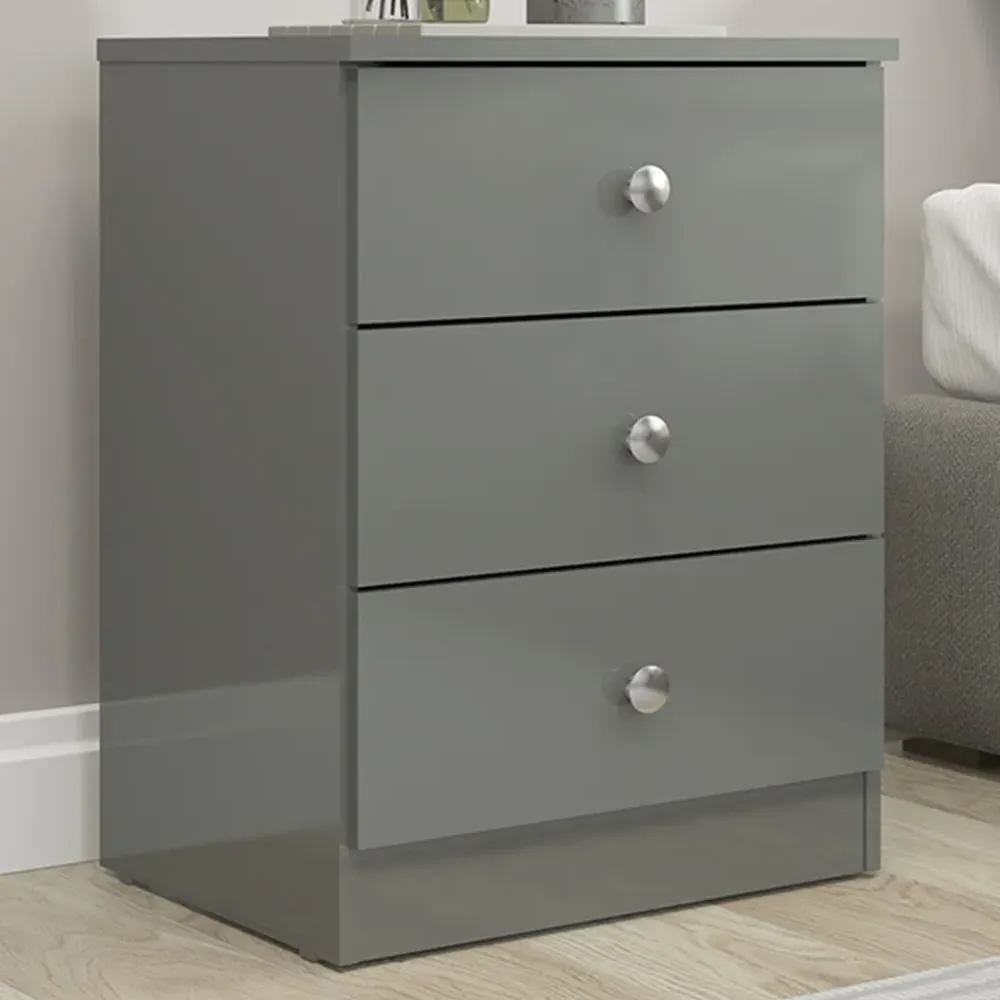 Denver 3 Drawer Bedside Table - Grey Gloss image
