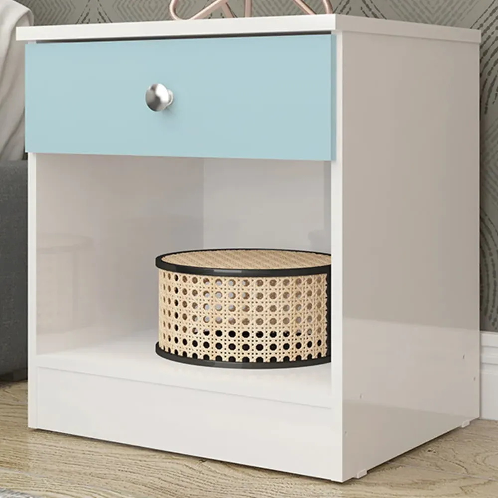 Denver Single Drawer Bedside Table - White, Blue Gloss image