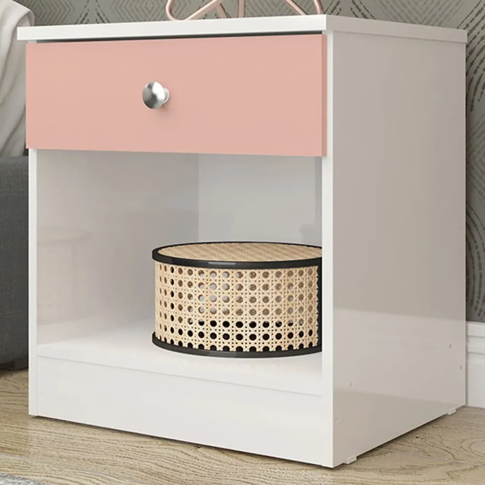 Denver Single Drawer Bedside Table - White, Pink Gloss