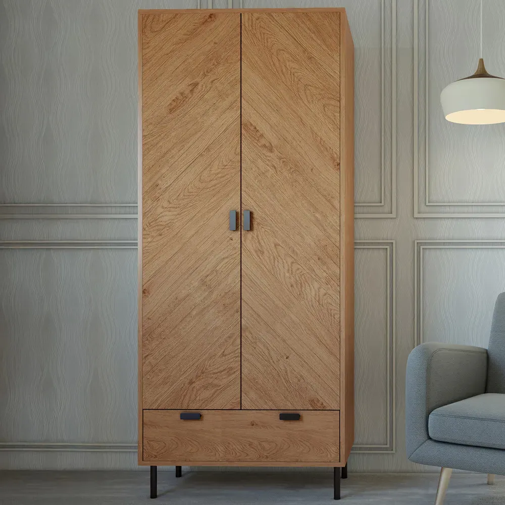 Leon 2 Door Single Drawer Wardrobe - Brown, Oak Effect