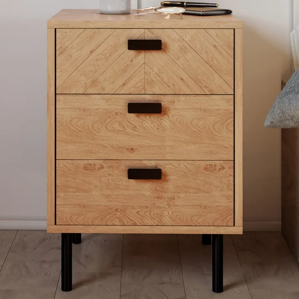 Leon 3 Drawer Bedside Table - Brown, Oak Effect