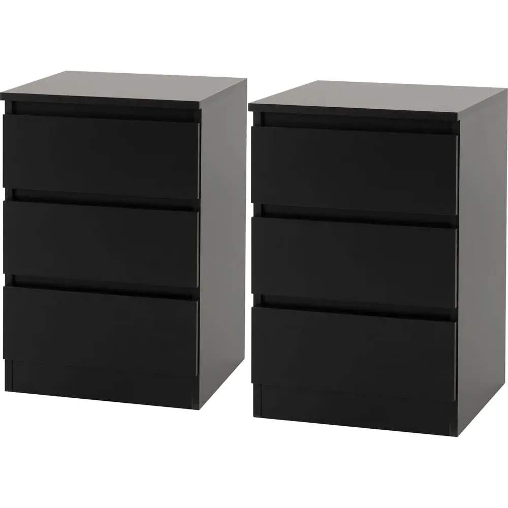 Malvern 3 Drawer Bedside Table Set of 2 - Black