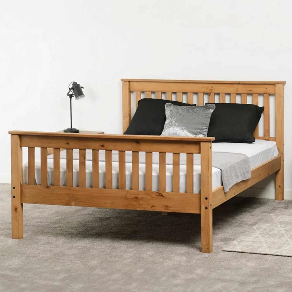 Monaco King Size Bed Frame - Brown, Distressed Waxed Pine