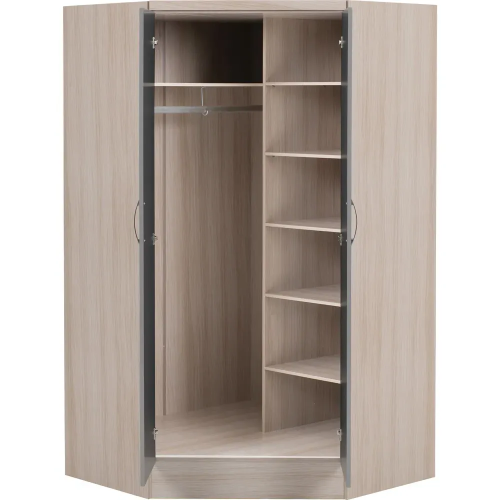 Nevada 2 Door Corner Wardrobe - Grey, Oak Veneer