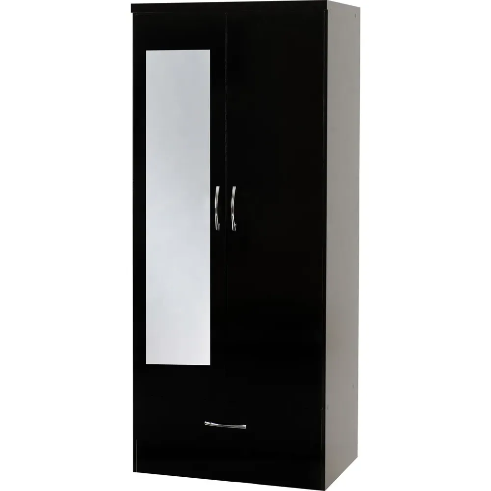 Nevada 2 Door Single Drawer Mirror Wardrobe - Black