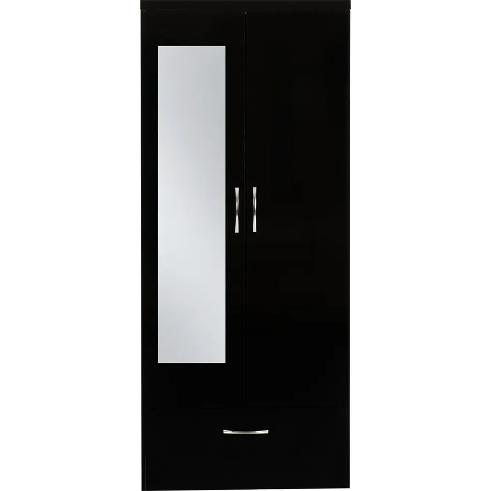 Nevada 2 Door Single Drawer Mirror Wardrobe - Black