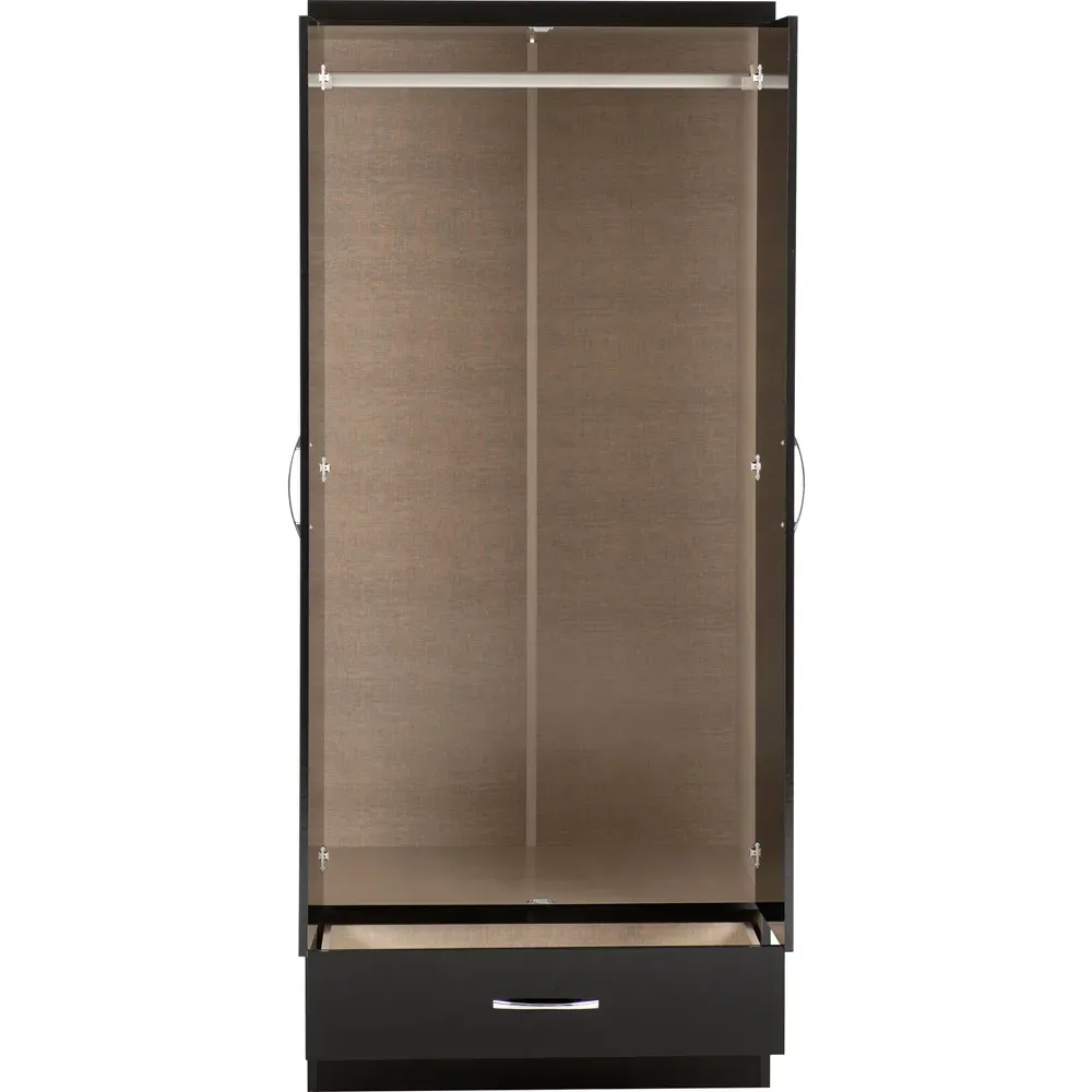 Nevada 2 Door Single Drawer Mirror Wardrobe - Black