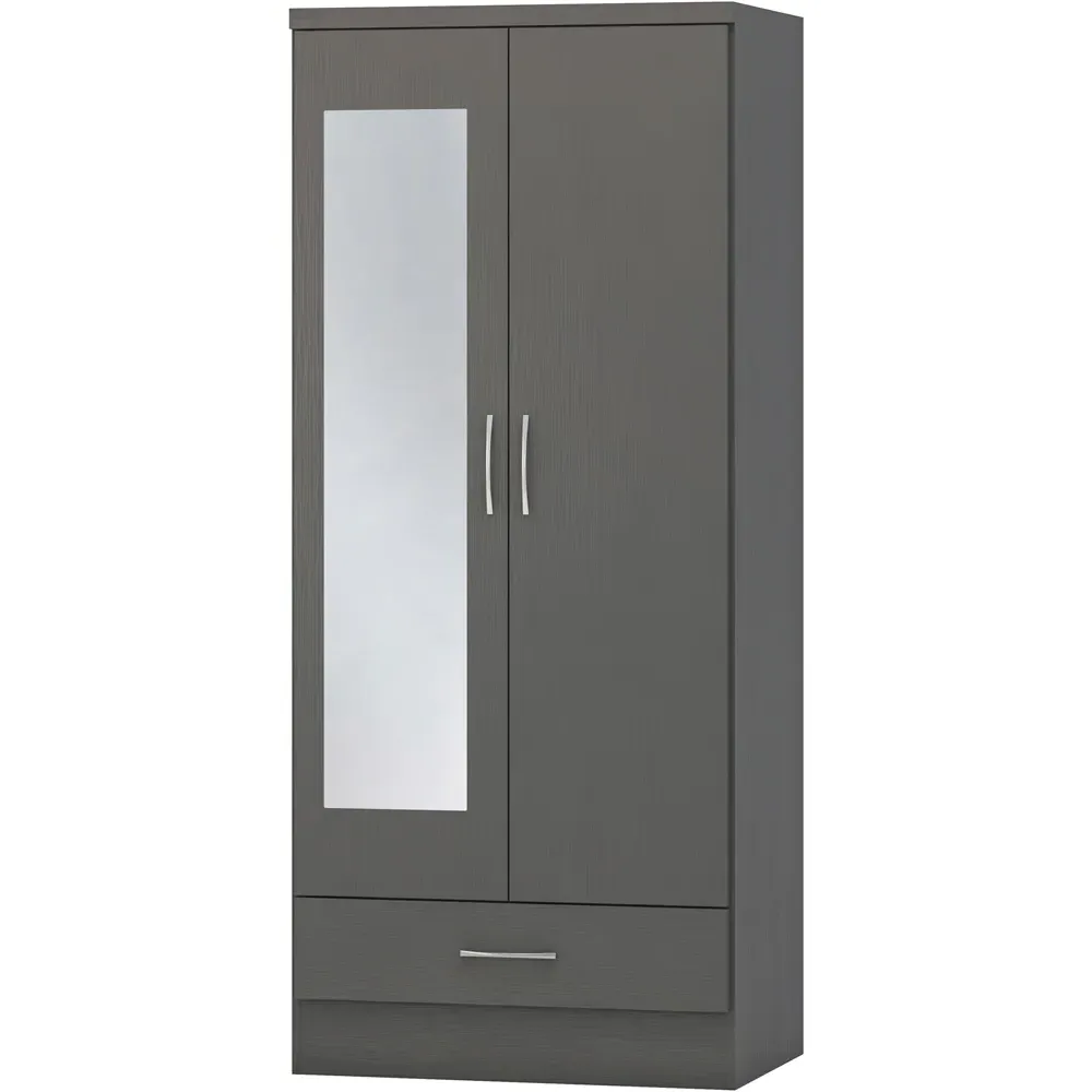 Nevada 2 Door Single Drawer Mirror Wardrobe - Grey