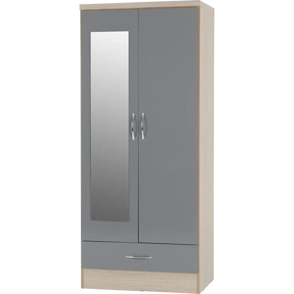 Nevada 2 Door Single Drawer Mirror Wardrobe - Grey, Oak