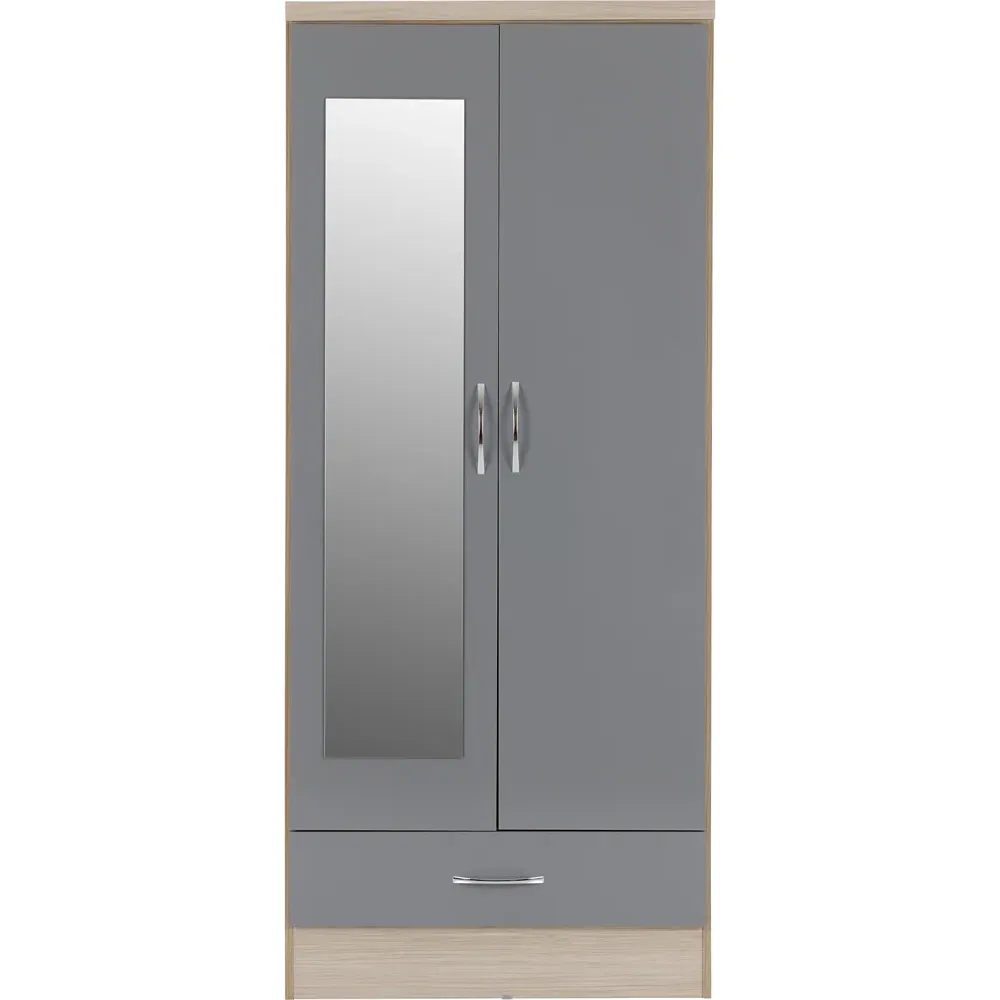 Nevada 2 Door Single Drawer Mirror Wardrobe - Grey, Oak