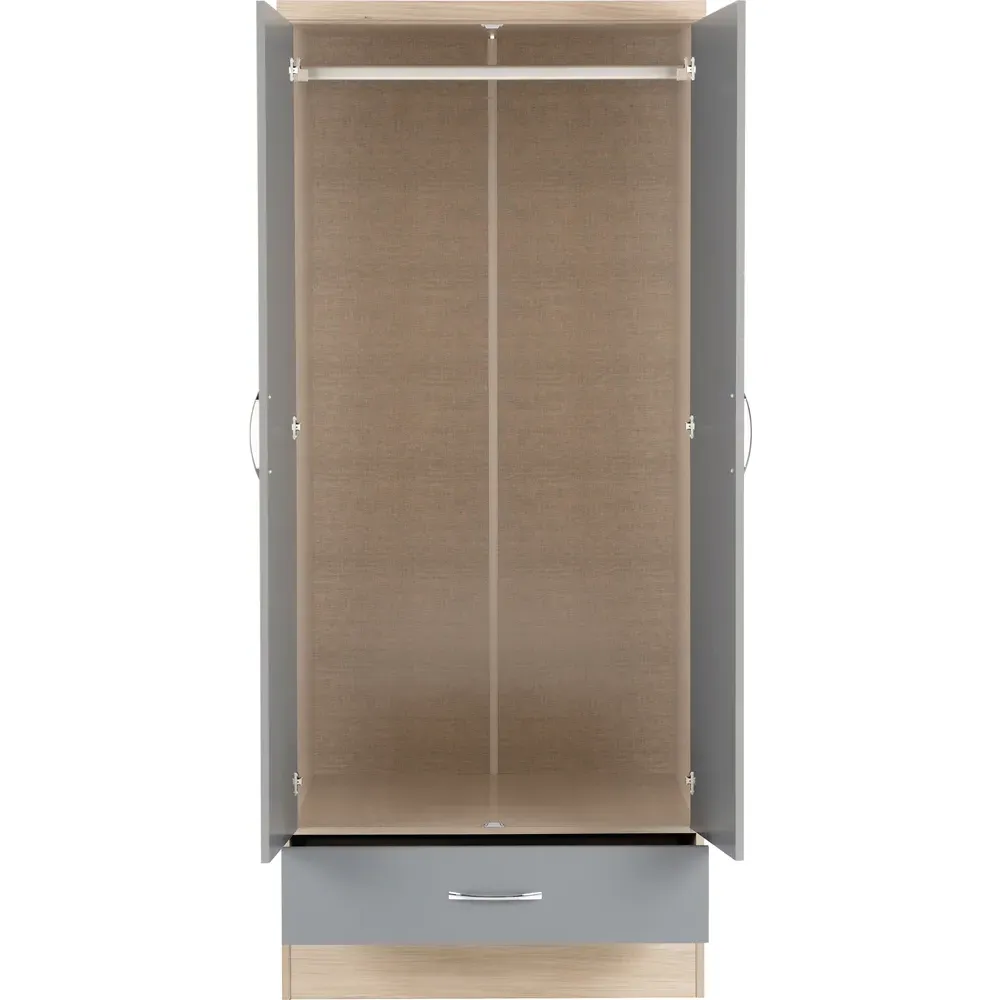 Nevada 2 Door Single Drawer Mirror Wardrobe - Grey, Oak