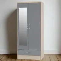 Nevada 2 Door Single Drawer Mirror Wardrobe - Grey, Oak