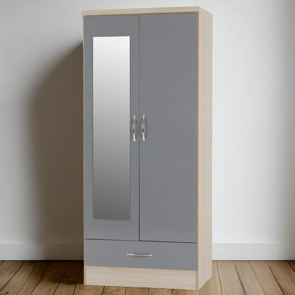 Nevada 2 Door Single Drawer Mirror Wardrobe - Grey, Oak