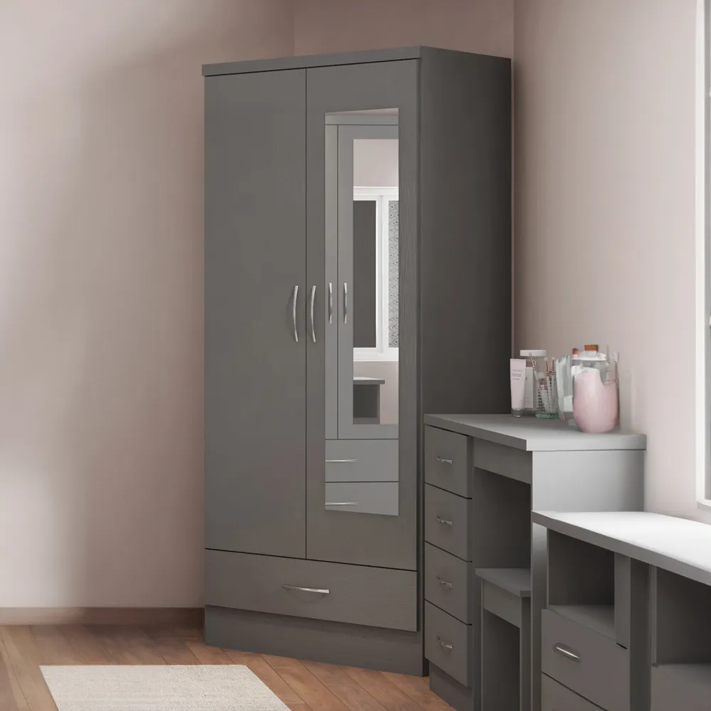 Nevada 2 Door Single Drawer Mirror Wardrobe - Grey