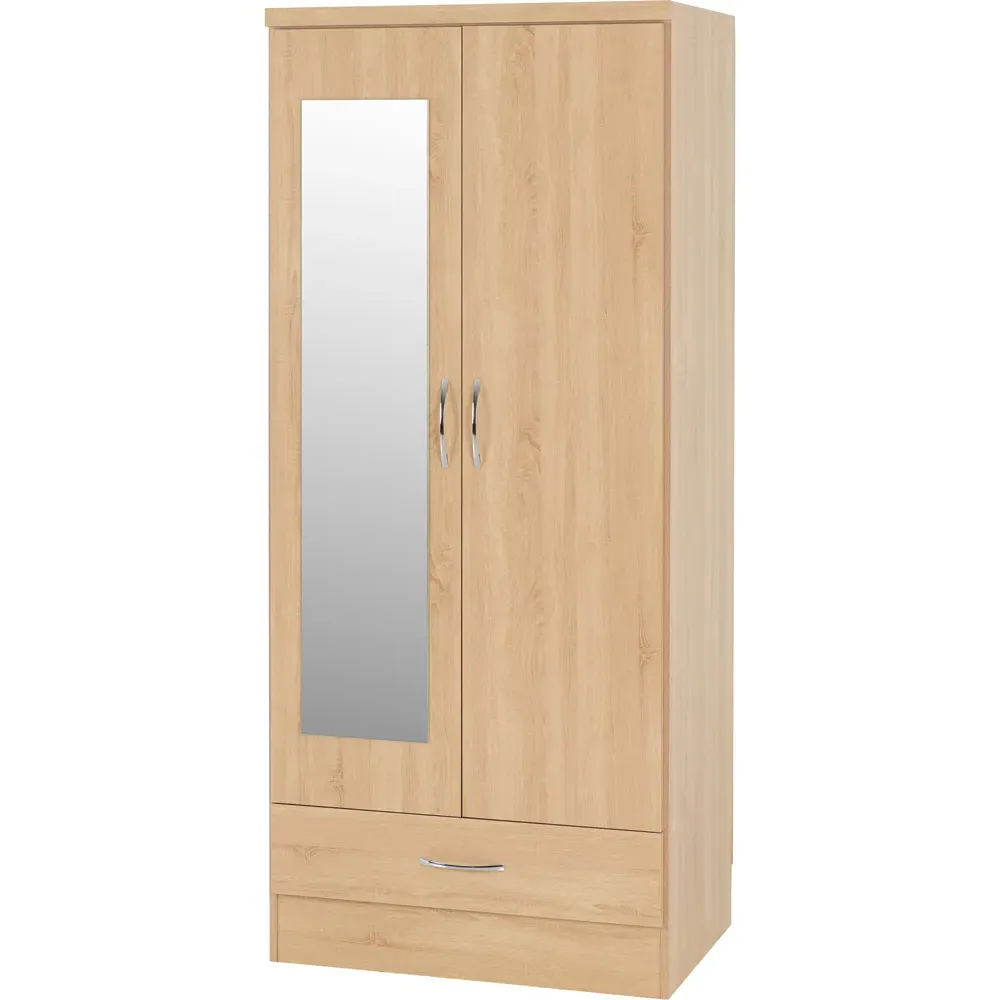 Nevada 2 Door Single Drawer Mirror Wardrobe - Oak