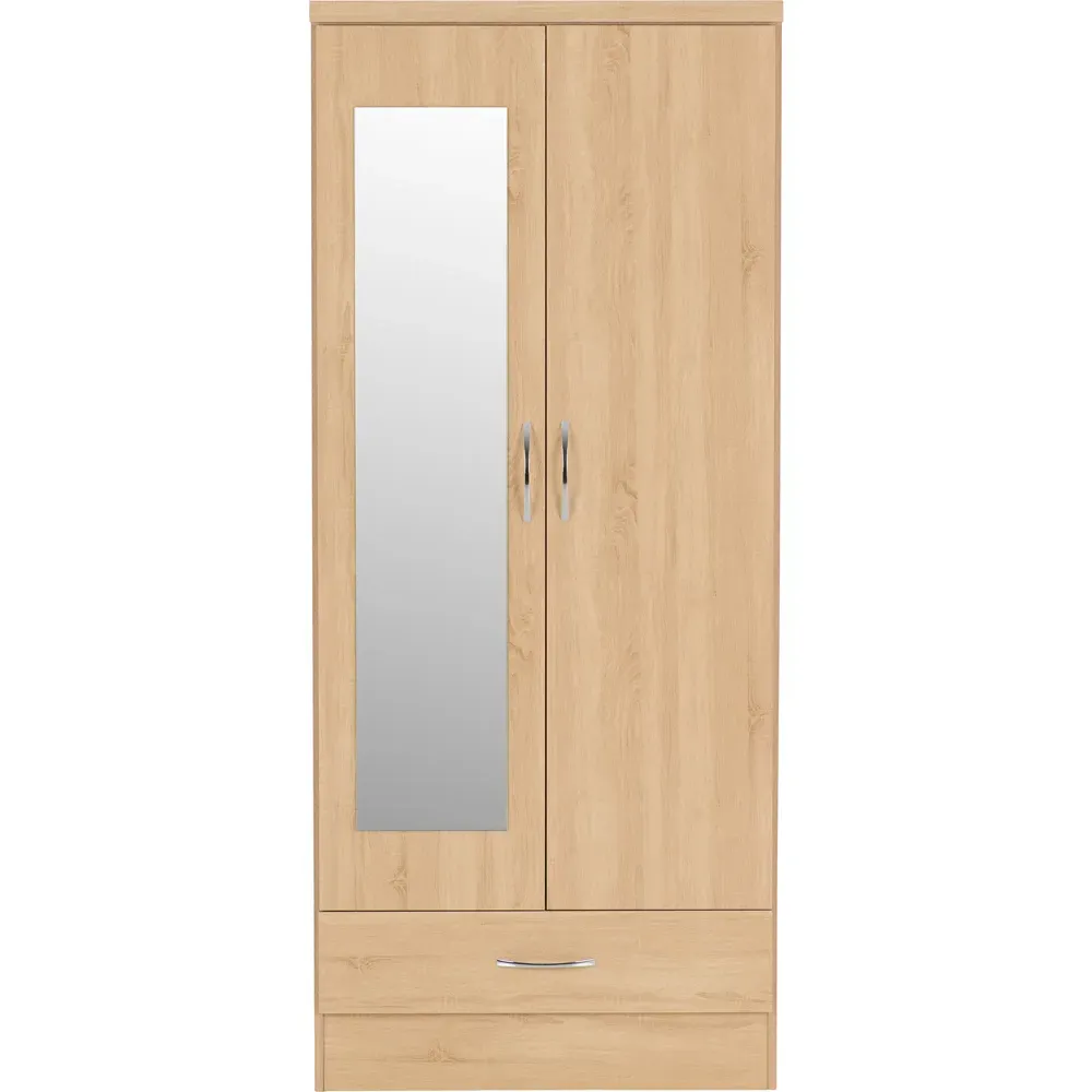 Nevada 2 Door Single Drawer Mirror Wardrobe - Oak