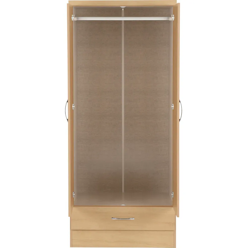 Nevada 2 Door Single Drawer Mirror Wardrobe - Oak