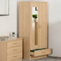 Nevada 2 Door Single Drawer Mirror Wardrobe - Oak