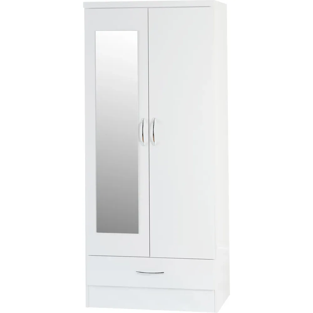 Nevada 2 Door Single Drawer Mirror Wardrobe - White