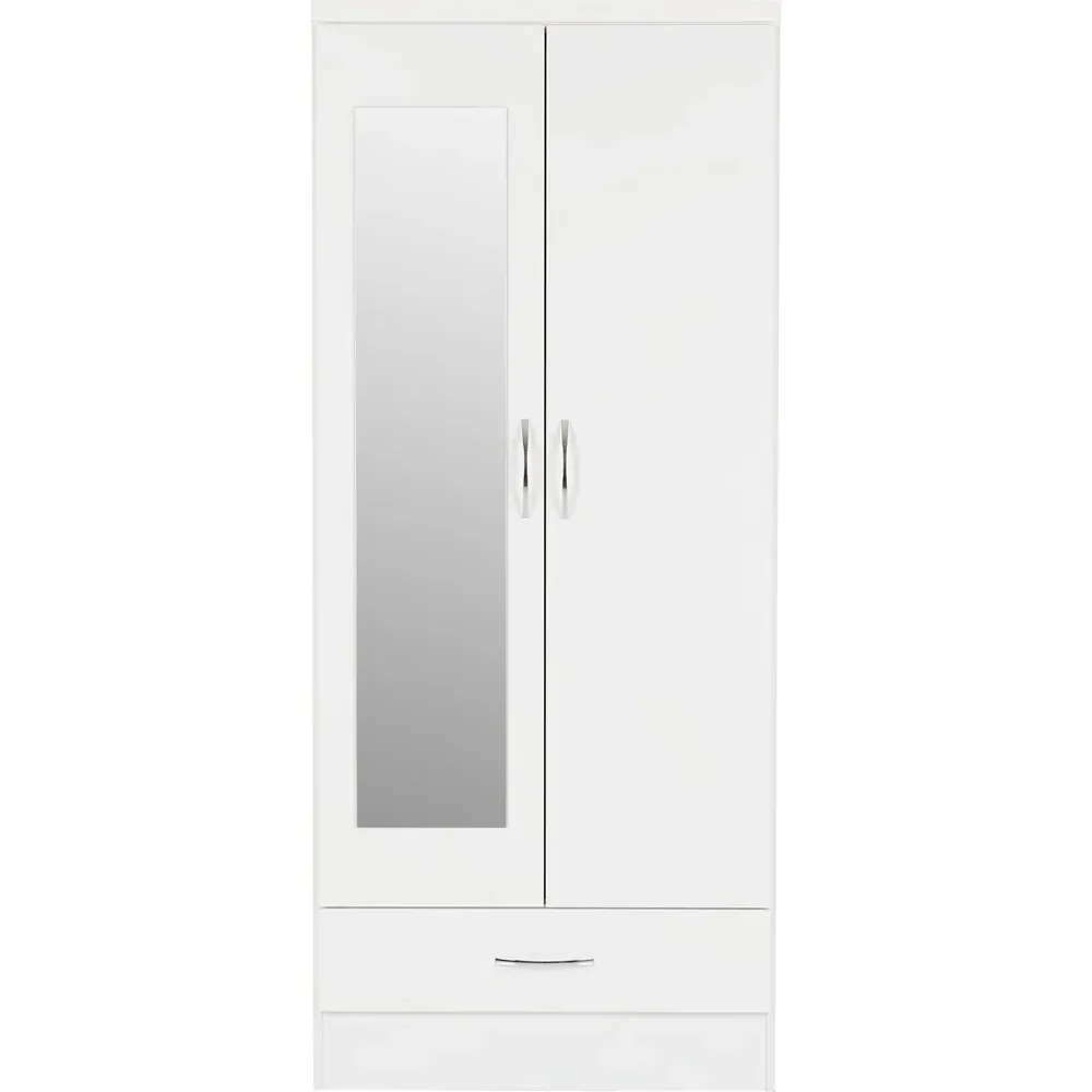 Nevada 2 Door Single Drawer Mirror Wardrobe - White