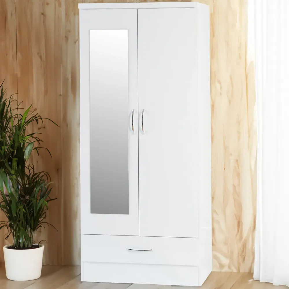 Nevada 2 Door Single Drawer Mirror Wardrobe - White