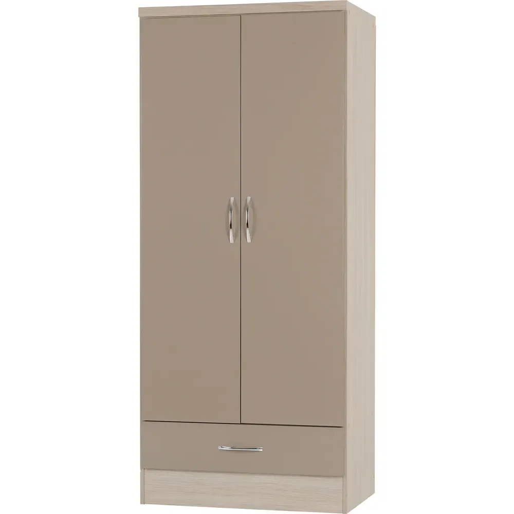 Nevada 2 Door Single Drawer Wardrobe - Brown, Oak Veneer