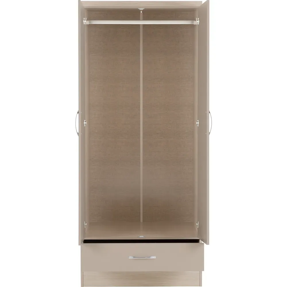 Nevada 2 Door Single Drawer Wardrobe - Brown, Oak Veneer