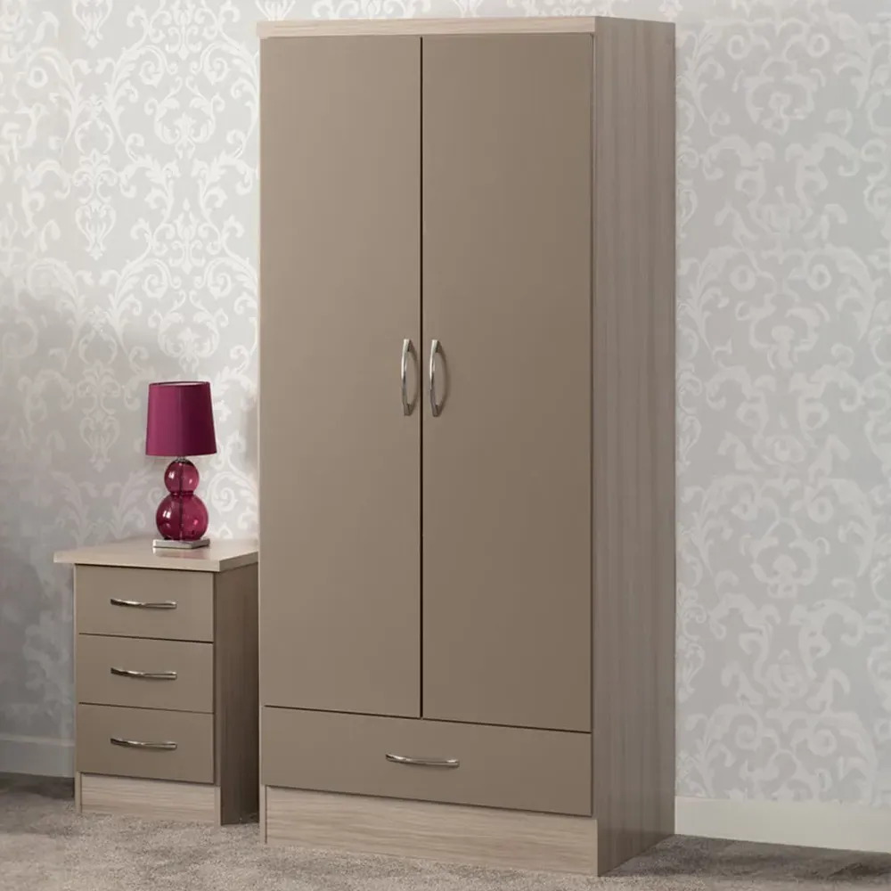 Nevada 2 Door Single Drawer Wardrobe - Brown, Oak Veneer