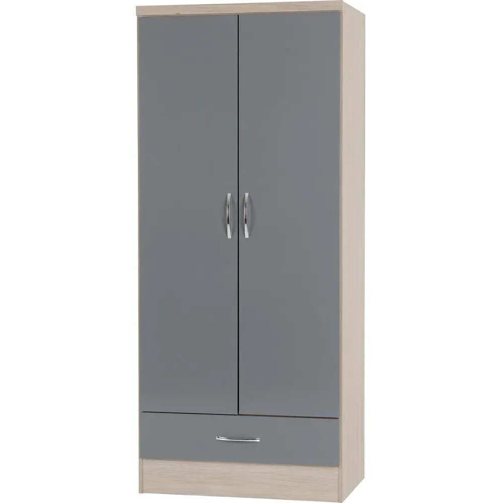 Nevada 2 Door Single Drawer Wardrobe - Grey, Oak Veneer