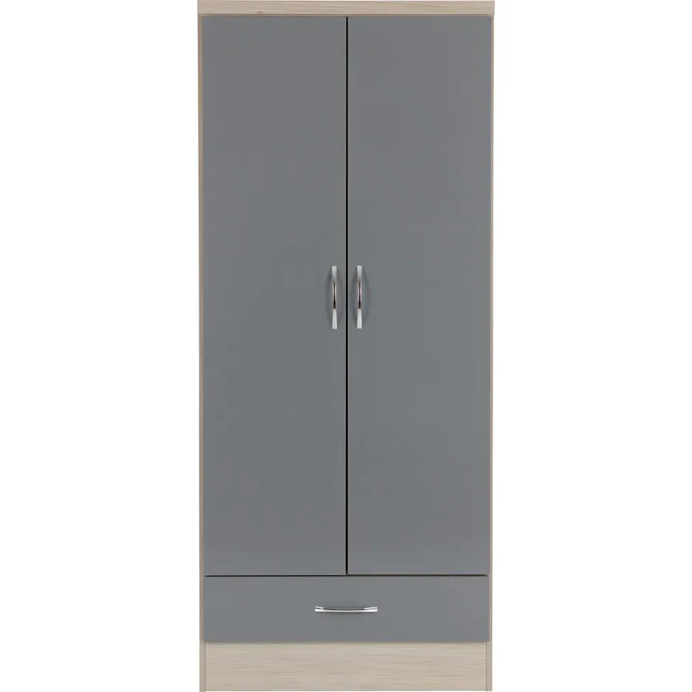 Nevada 2 Door Single Drawer Wardrobe - Grey, Oak Veneer