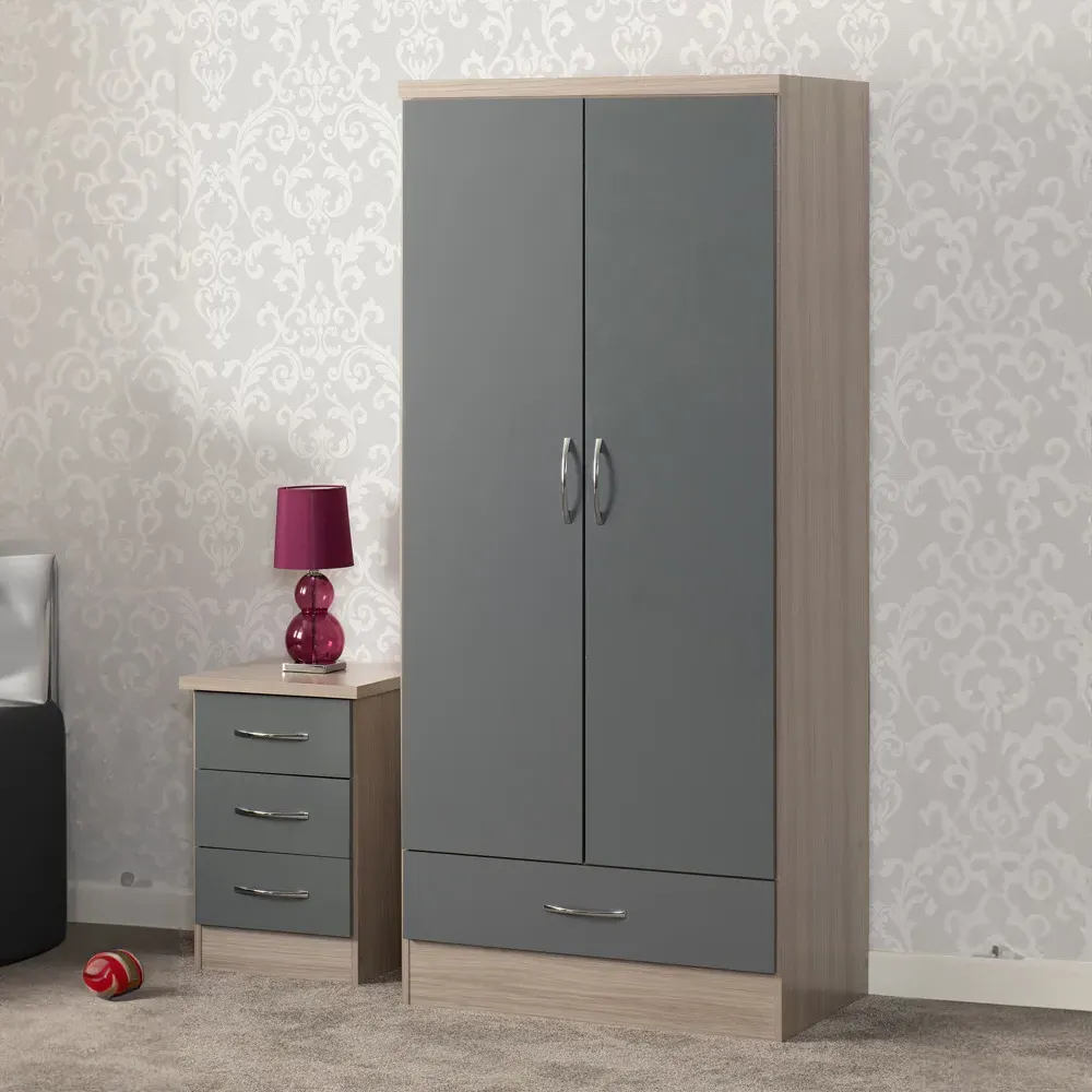 Nevada 2 Door Single Drawer Wardrobe - Grey, Oak Veneer