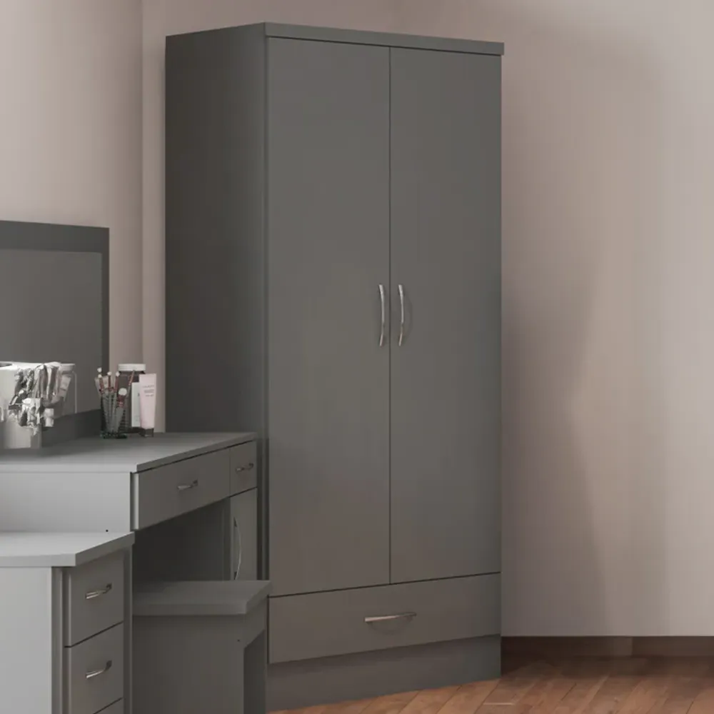 Nevada 2 Door Single Drawer Wardrobe - Grey image