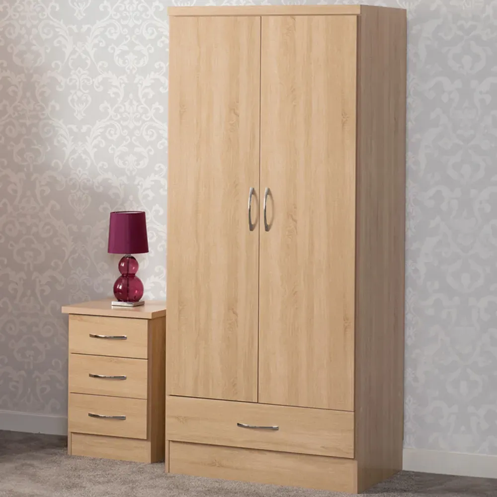 Nevada 2 Door Single Drawer Wardrobe - Oak