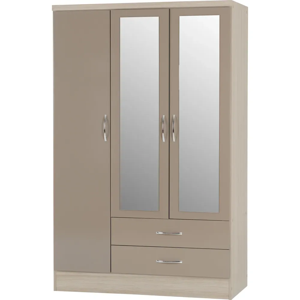 Nevada 3 Door 2 Drawer Mirror Wardrobe - Brown, Oak Veneer