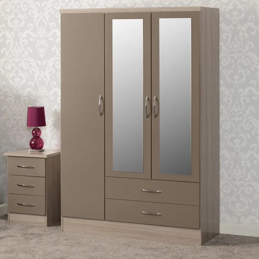 Nevada 3 Door 2 Drawer Mirror Wardrobe - Brown, Oak Veneer