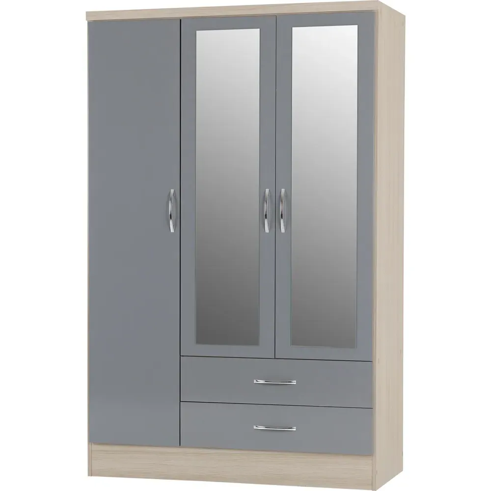 Nevada 3 Door 2 Drawer Mirror Wardrobe - Grey, Oak Veneer