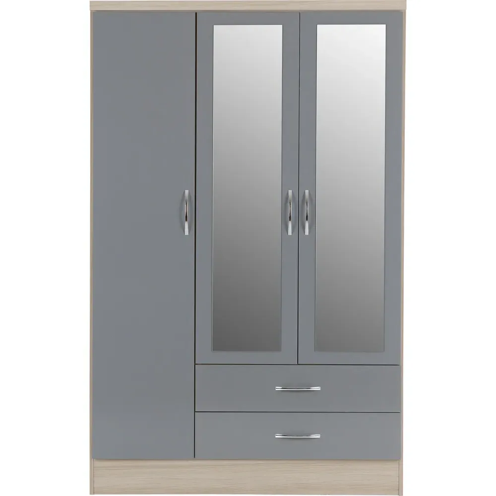 Nevada 3 Door 2 Drawer Mirror Wardrobe - Grey, Oak Veneer