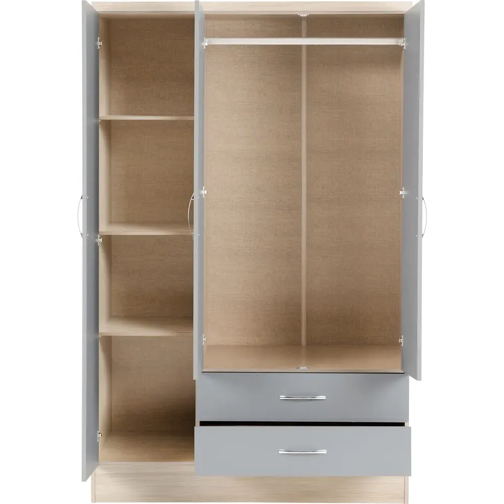 Nevada 3 Door 2 Drawer Mirror Wardrobe - Grey, Oak Veneer