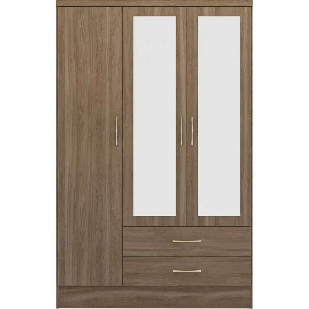 Nevada 3 Door 2 Drawer Mirror Wardrobe - Rustic Oak