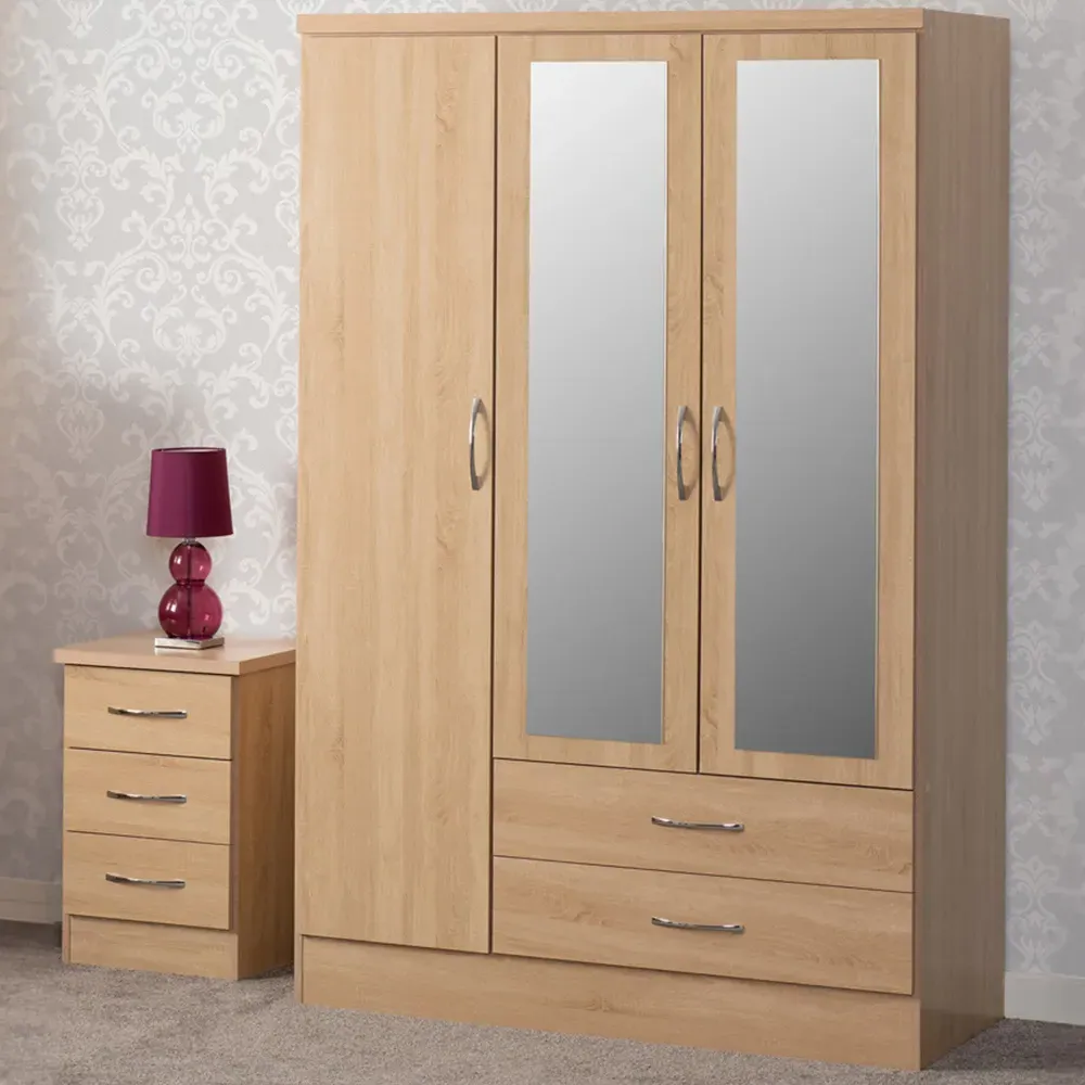 Nevada 3 Door 2 Drawer Mirror Wardrobe - Sonoma Oak