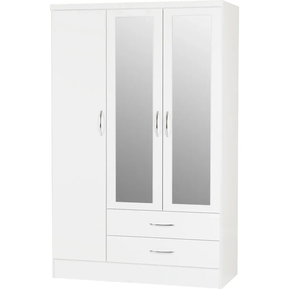 Nevada 3 Door 2 Drawer Mirror Wardrobe - White