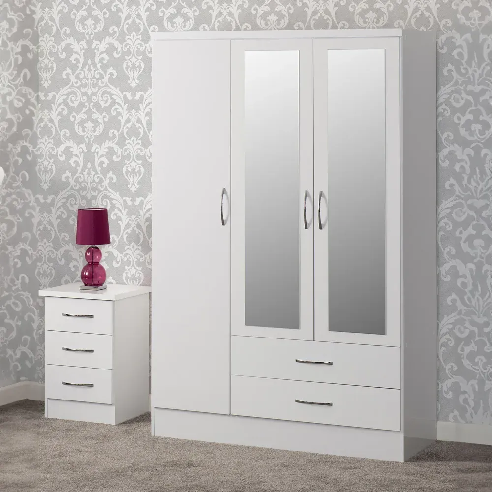 Nevada 3 Door 2 Drawer Mirror Wardrobe - White image