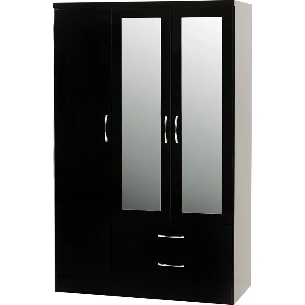 Nevada 3 Door 2 Drawer Mirrored Wardrobe - Black Gloss